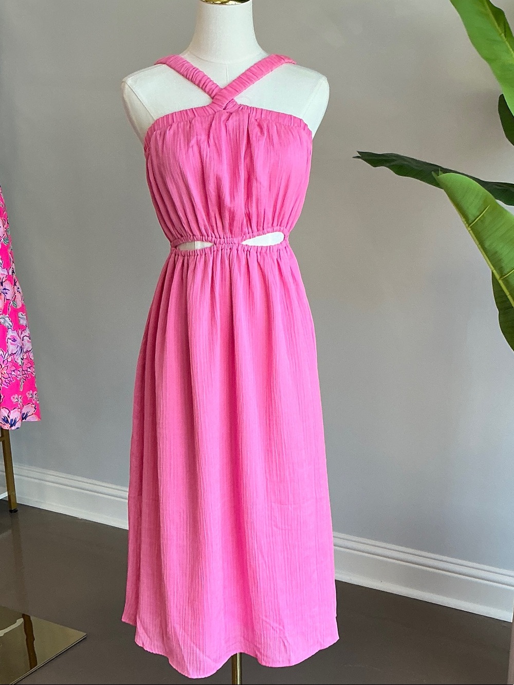 Lina Hot Pink Crinkle Midi Dress with Cutout Waist